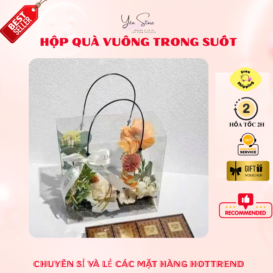 Hộp Quà Tặng Mica Vuông Quai Đen 20*10*10, Đựng Hoa Sáp, Hoa Kẽm Nhung, Quà Handmade, Bánh Kẹo